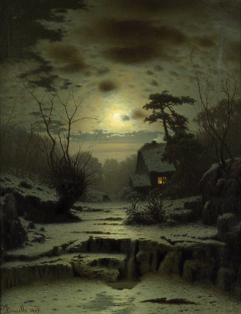 絵画(moonlight ) Winter Full Moon Landscape by Louis Douzette